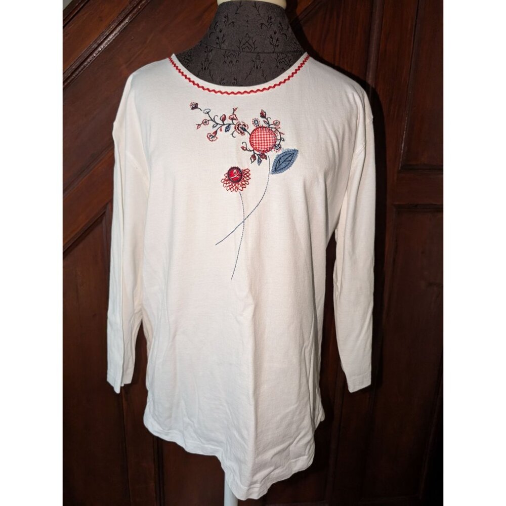 Vtg Capacity White Embroidered Floral Gingham Accent Casual Top 2x